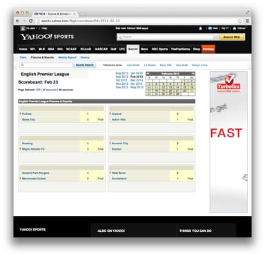 Screenshot of Yahoo's fixtures list.
